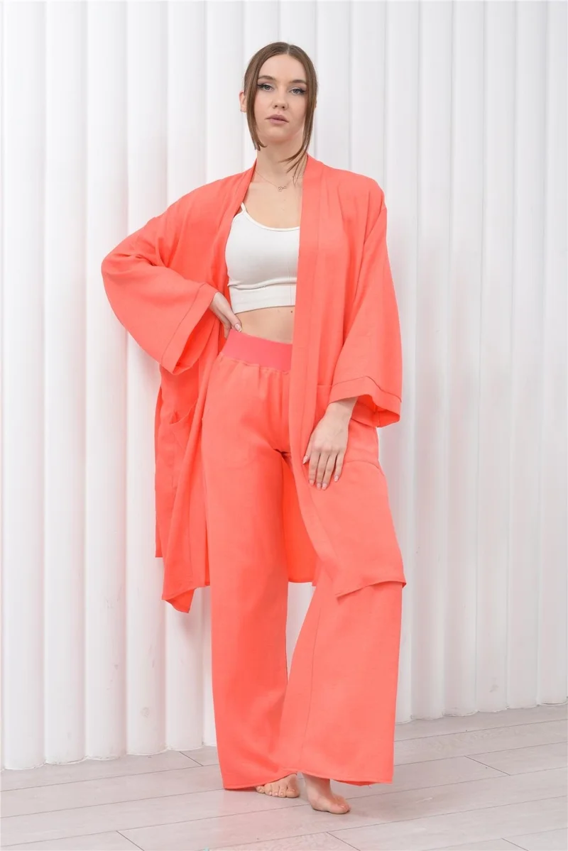 Nuseel Women's Linen Pocket Belted Long Kimono-Pants Two Piece Set Salmon