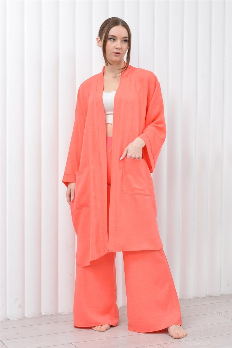 Nuseel Women's Linen Pocket Belted Long Kimono-Pants Two Piece Set Salmon  - Image 5