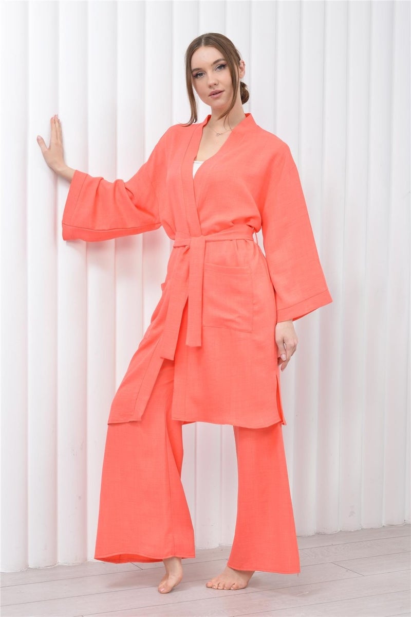 Nuseel Women's Linen Pocket Belted Long Kimono-Pants Two Piece Set Salmon  - Image 3