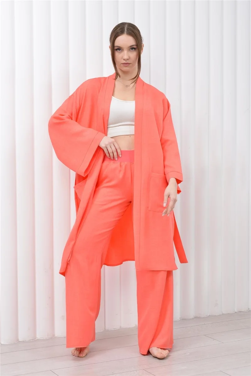 Nuseel Women's Linen Pocket Belted Long Kimono-Pants Two Piece Set Salmon