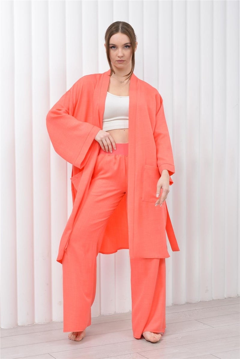 Nuseel Women's Linen Pocket Belted Long Kimono-Pants Two Piece Set Salmon  - Image 1