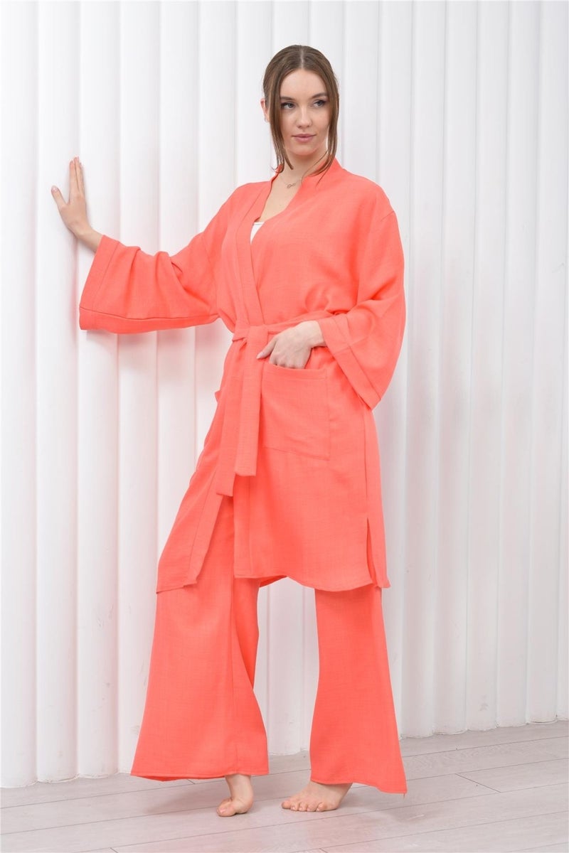 Nuseel Women's Linen Pocket Belted Long Kimono-Pants Two Piece Set Salmon  - Image 4
