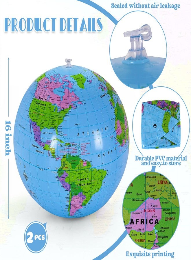 YOTHORN 2 Pcs 16 Inch Inflatable Globe,Blow up World Globe Beach Ball,Inflatable Earth Beach Ball for Beach Playing or Teaching,Party Bags,Summer Pool Party,PVC Material - Image 2
