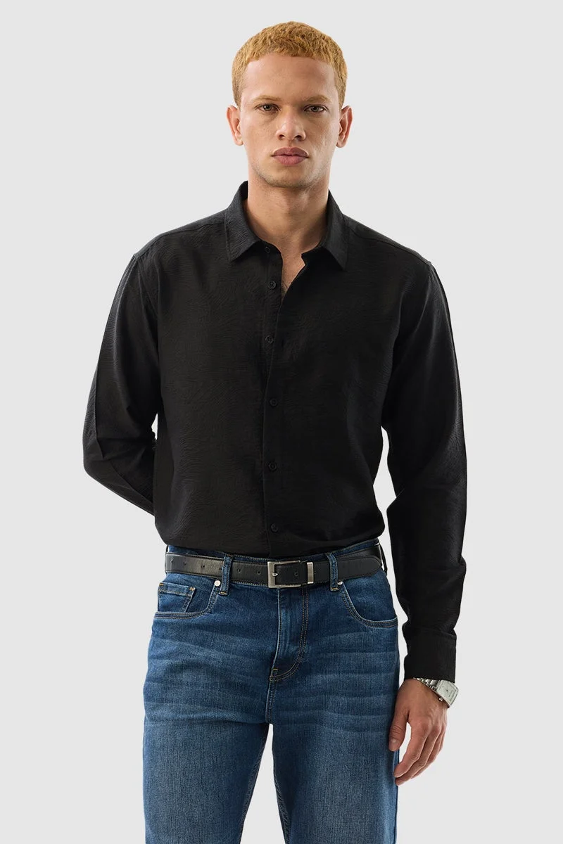 SNITCH Black Textured Long Sleeve Slim Fit Luxe Shirt