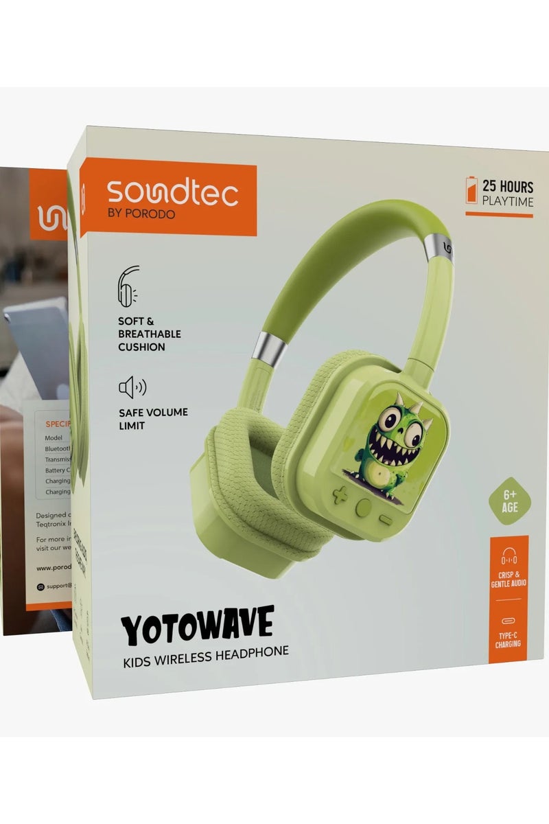 Porodo Soundtec Yotowave Kids Wireless Headphone with Soft & Breathable Cushion and Safe Volume Limit / 25H Playtime / V5.4 Bluetooth / Crisp & Gentle Audio / Skin Friendly Material /On Ear Headphone for Boys-Green - Image 4