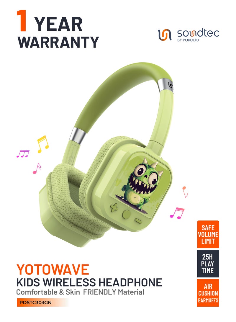 Porodo Soundtec Yotowave Kids Wireless Headphone with Soft & Breathable Cushion and Safe Volume Limit / 25H Playtime / V5.4 Bluetooth / Crisp & Gentle Audio / Skin Friendly Material /On Ear Headphone for Boys-Green - Image 1