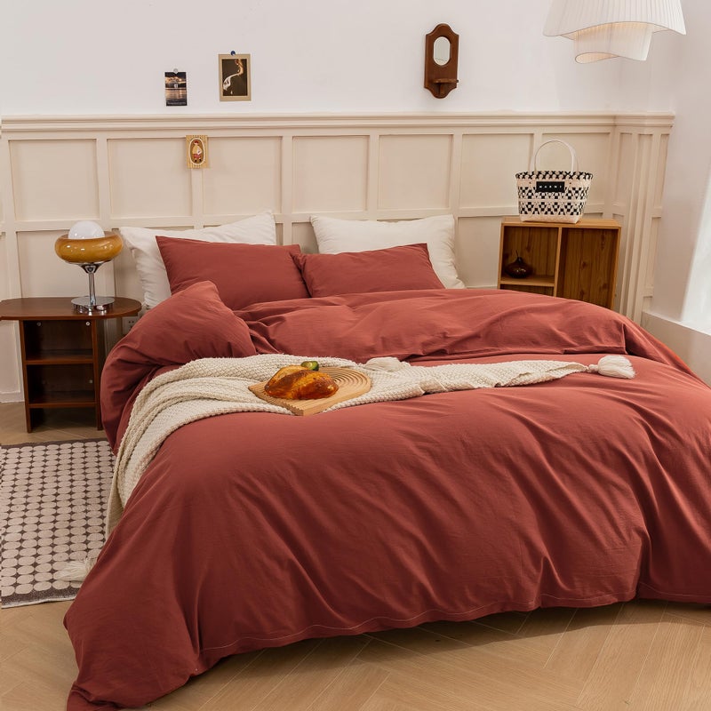 ECOCOTT Duvet Cover Queen Size - Linen Feel Textured Organic Natural 100% Washed Cotton  Soft Breathable 3 Pieces Bedding Set with Zipper Closure  Burnt Brick Red - Image 4