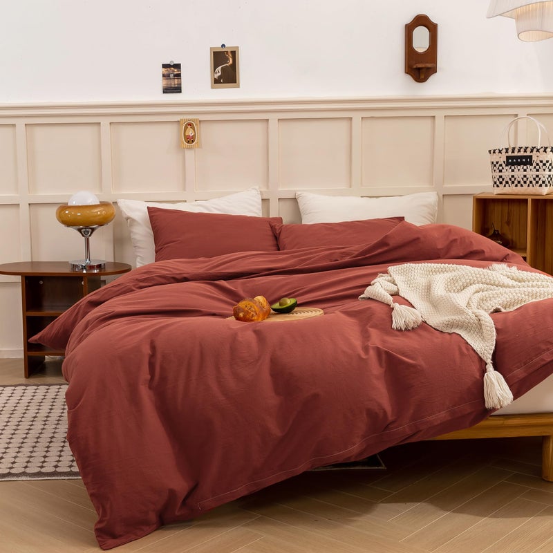 ECOCOTT Duvet Cover Queen Size - Linen Feel Textured Organic Natural 100% Washed Cotton  Soft Breathable 3 Pieces Bedding Set with Zipper Closure  Burnt Brick Red - Image 2