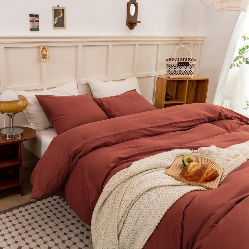 ECOCOTT Duvet Cover Queen Size - Linen Feel Textured Organic Natural 100% Washed Cotton  Soft Breathable 3 Pieces Bedding Set with Zipper Closure  Burnt Brick Red - Image 5