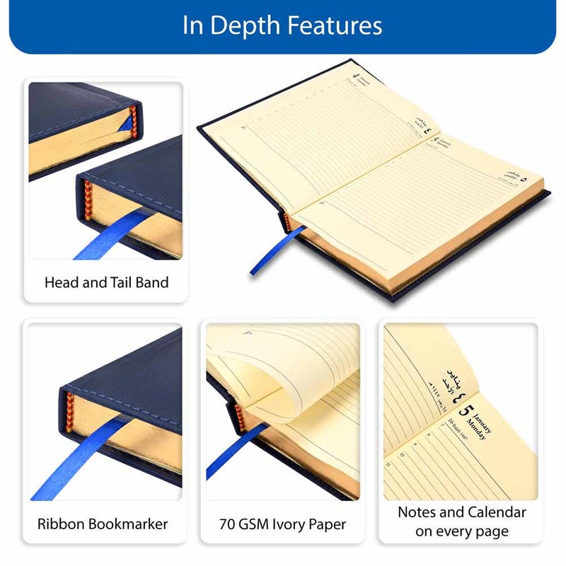 FIS مفكرة FIS 2026 الذهبية A5، 148x210 مم، غلاف إيطالي PU مبطن من جانب واحد، حواف مطلية بالذهب وغلاف مخيط، عربي/إنجليزي، ورق عاجي إيطالي 70 جرام. - Image 5