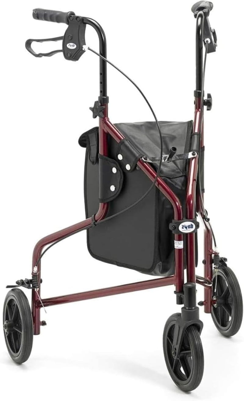 DAYS Lightweight Tri Wheel Walker Rollator – Aluminium Mobility Walker with Adjustable Height and Brakes – Foldable Walking Frame with Carry Bag – Mobility Aid for Elderly – Ruby Red - Image 1