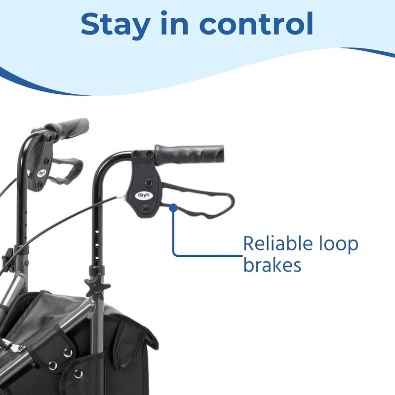 DAYS Lightweight Tri Wheel Walker Rollator – Aluminium Mobility Walker with Adjustable Height and Brakes – Foldable Walking Frame with Carry Bag – Mobility Aid for Elderly – Ruby Red - Image 5