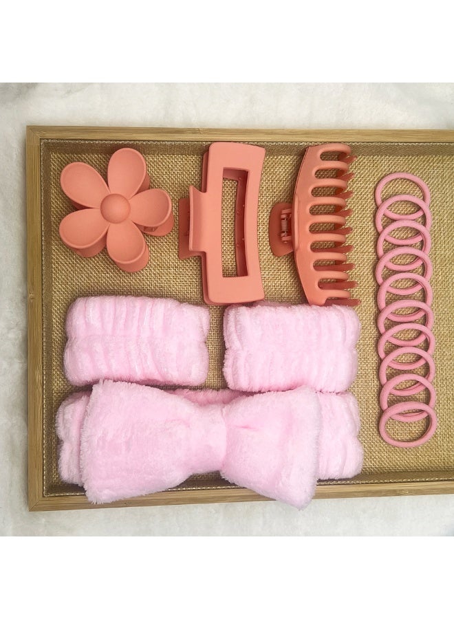 مجموعة من 16 قطعة من عصابات الرأس وأساور المعصم الخاصة بالسبا، عصابات الرأس وأساور المعصم الخاصة بغسل الوجه، مشابك الشعر، أربطة الشعر (وردي)