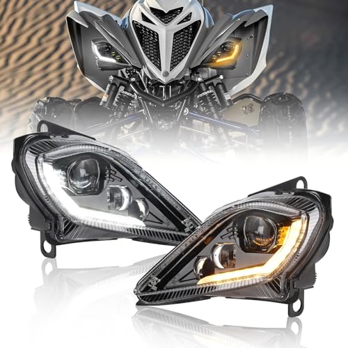 OPP ULITE Led Headlights Assembly for Yamaha Raptor YFZ Wolverine High Low Beam White DRL Amber Turn Signal Light DOT Approved ATV Headlight 2PC Pack