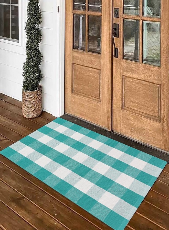 Fallovea Spring Rugs Green and White Plaid, 28” x 43” Area Rug Outdoor Indoor Easter Front Porch Door Mats Cotton Hand-Woven Layered Doormat for Entryway Patio Entryway Laundry Bedroom Living Room - Image 1