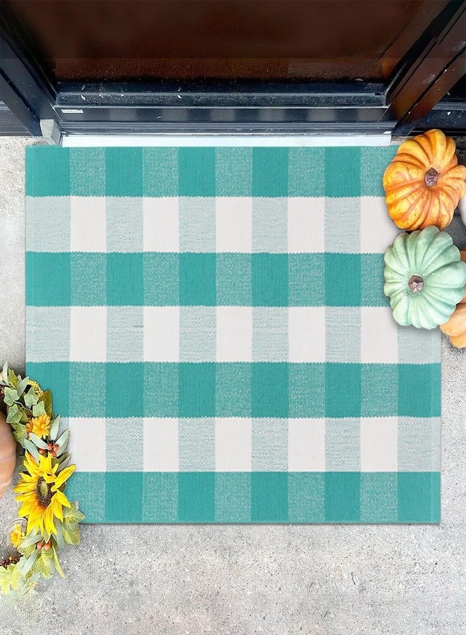 Fallovea Spring Rugs Green and White Plaid, 28” x 43” Area Rug Outdoor Indoor Easter Front Porch Door Mats Cotton Hand-Woven Layered Doormat for Entryway Patio Entryway Laundry Bedroom Living Room - Image 2