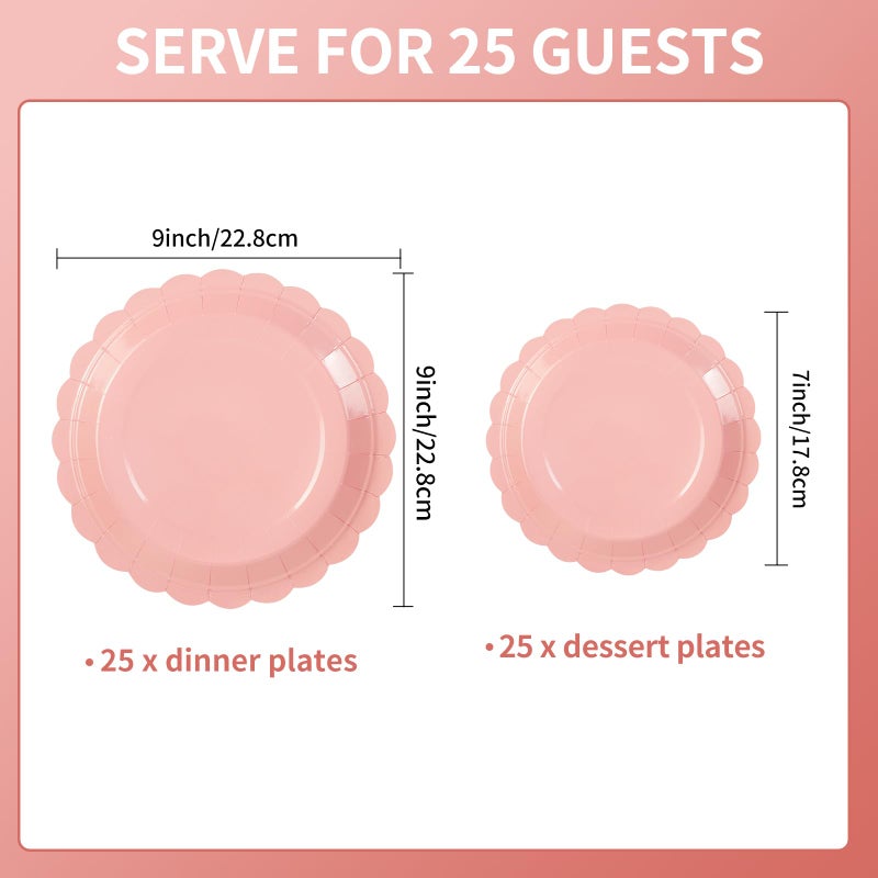 LDFDRT Pink Paper Plates 25 * 7"" &25 * 9"" Party Cake Dessert Scalloped Paper Plates Disposable Party Supplies Decorative for Birthday Baby Shower Wedding - Image 1
