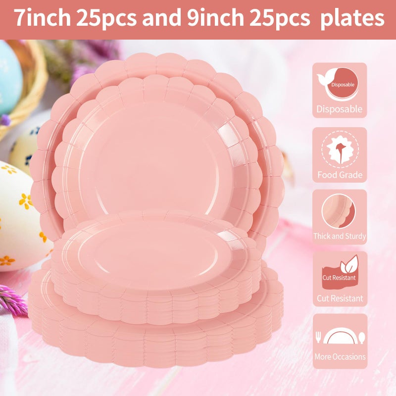 LDFDRT Pink Paper Plates 25 * 7"" &25 * 9"" Party Cake Dessert Scalloped Paper Plates Disposable Party Supplies Decorative for Birthday Baby Shower Wedding - Image 2