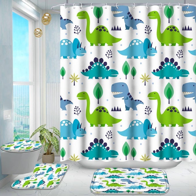 4 PCS BATHROOM SHOWER CURTAIN SETKIDS BATHROOM SETSHOWER CURTAIN SETS WITH RUGSBATH MATU SHAPE AND TOILET LID COVER MAT AND 12 HOOKSFRESH CARTOON DINOSAUR STYLE