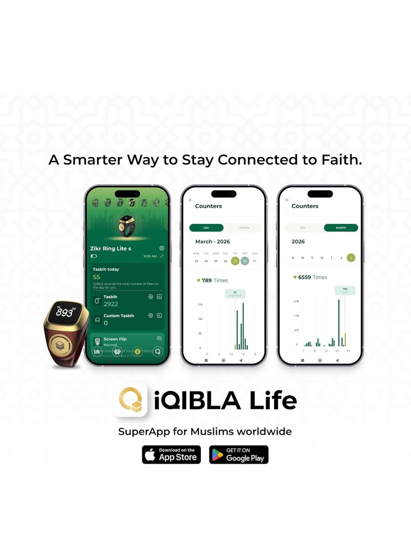 خاتم iQIBLA الذكي E0120BK للذكر والتسبيح مع شاشة OLED، تذكير بمواقيت الصلاة، عداد تسبيح، بلوتوث، مقاوم للماء IPX7، أسود، 20 مم - Image 4