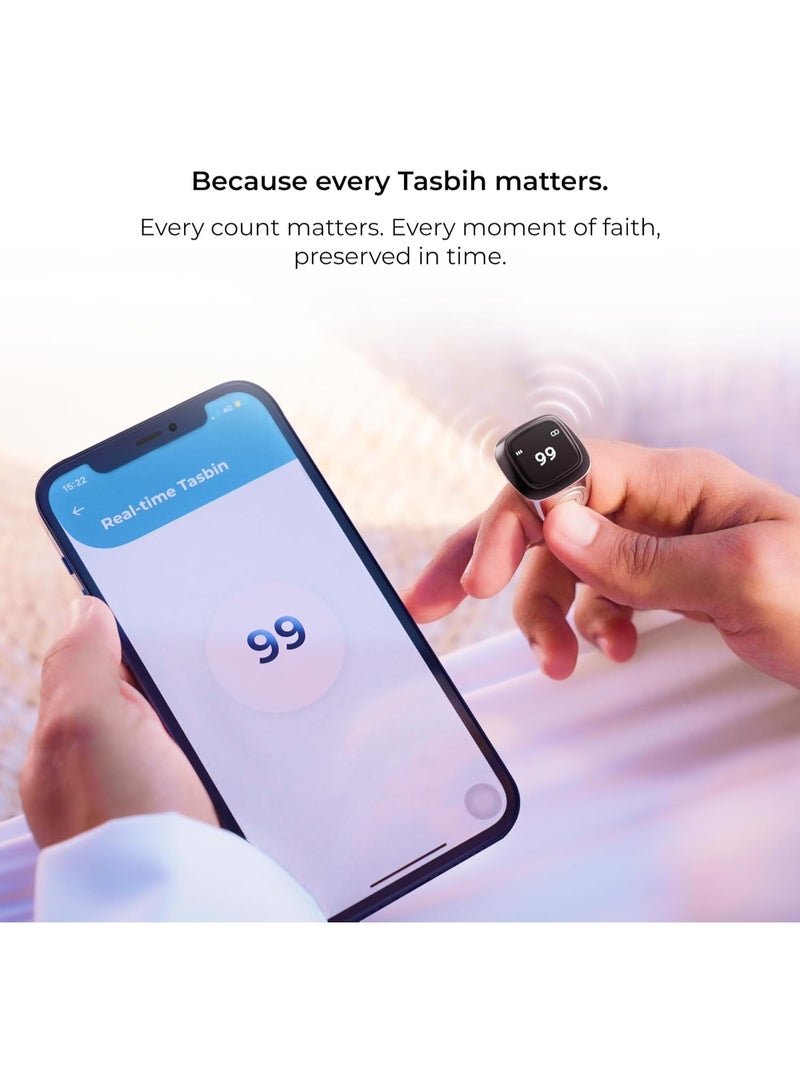 خاتم iQIBLA الذكي E0120BK للذكر والتسبيح مع شاشة OLED، تذكير بمواقيت الصلاة، عداد تسبيح، بلوتوث، مقاوم للماء IPX7، أسود، 20 مم - Image 2