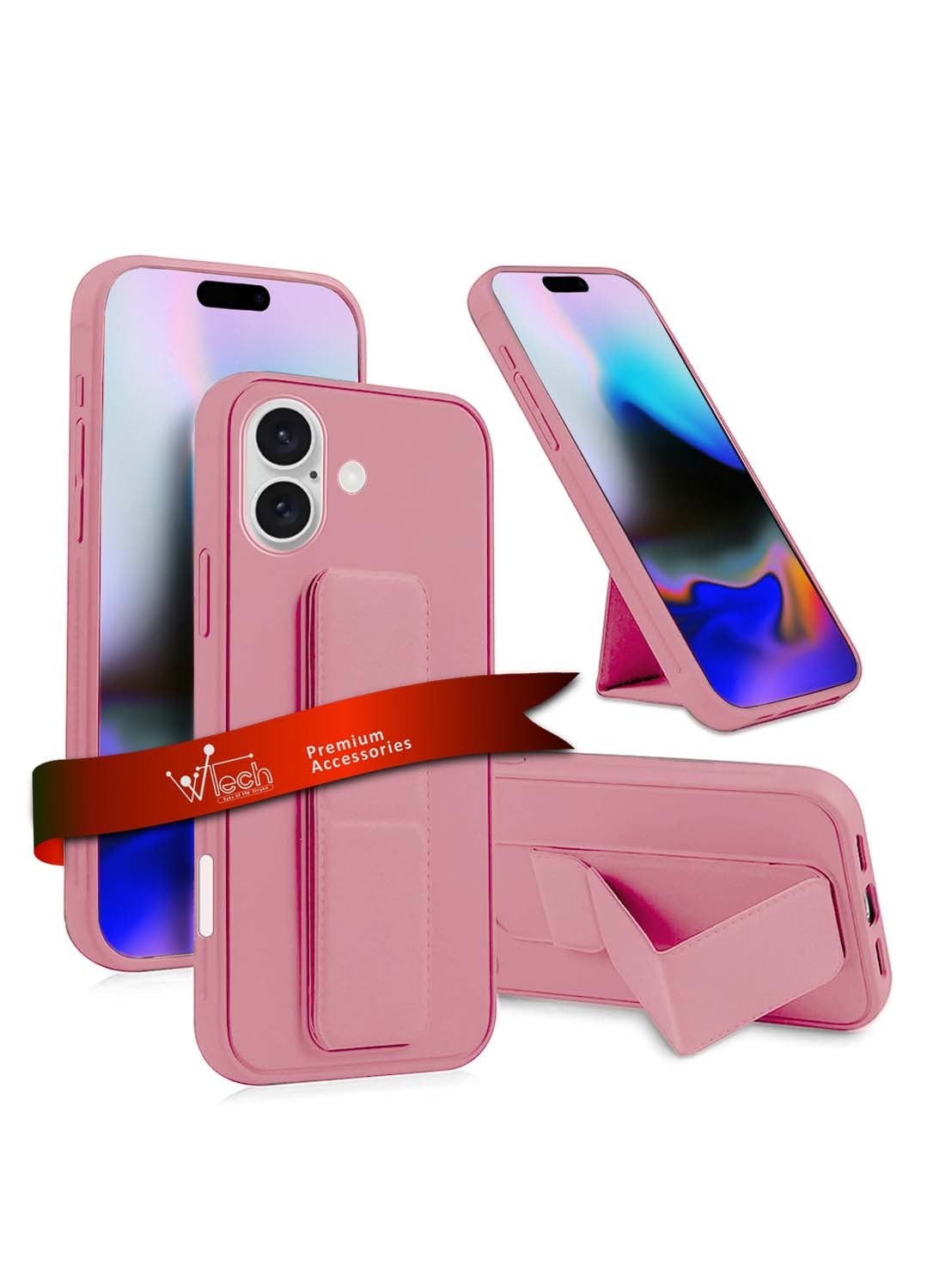 Apple iPhone 16 2024 Hand Grip Foldable Magnetic Kickstand Wrist Strap Finger Grip with Built-in Iron Case Cover - Pink
