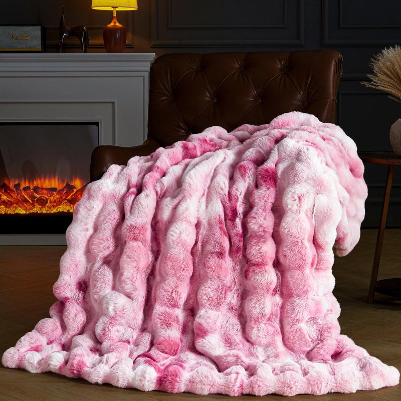 PLUUSHUU Faux Fur Throw Blanket for Couch, Fluffy Fuzzy Plush Bubble Blanket, Soft Warm Cozy Shaggy Rabbit Blanket, Luxury Decorative Gifts for Sofa Bedroom Living Room, 60x50inch (Tie-Dye-Pink) - Image 1