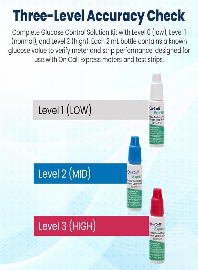 On Call Glucose Control Solution Kit by On Call Express, Level 0, 1 & 2 for Blood Glucose Meters and Test Strips, Accuracy Check & Calibration Verification, 3-Pack Bottles, 2mL Each - Image 4