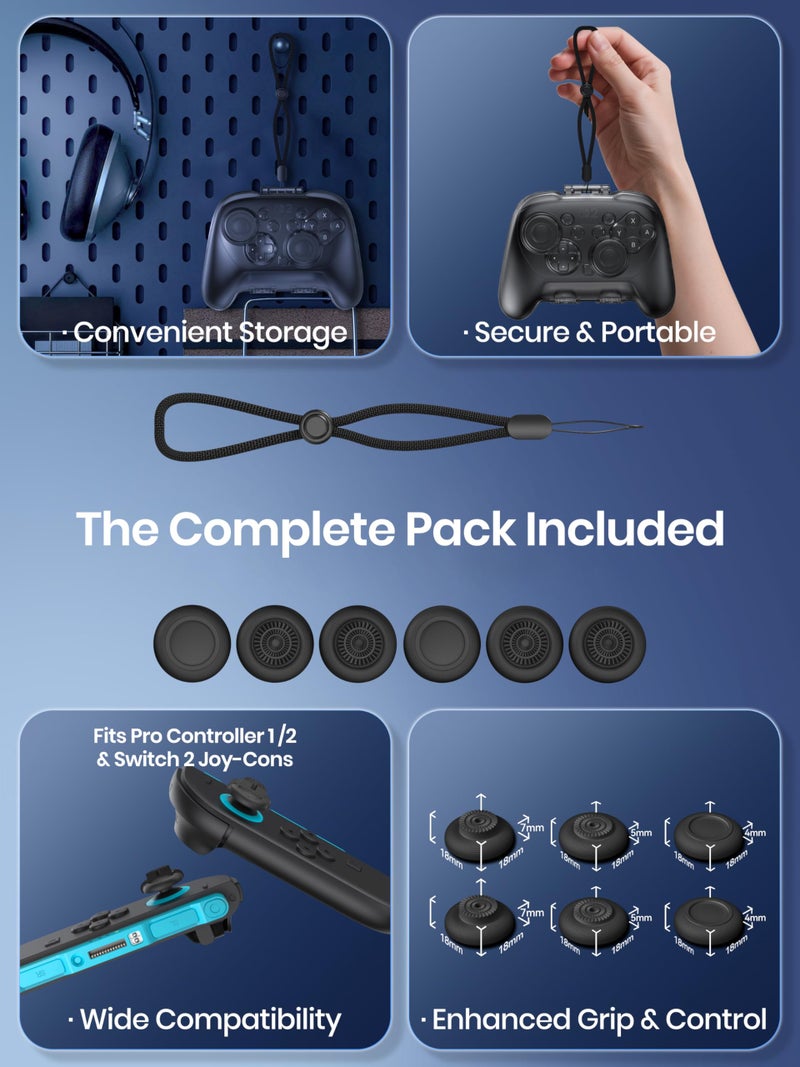 NEWDERY Hard Carrying Case for Nintendo Switch 2 Pro Controller, Protective Travel Organizer, Thickened Shockproof PC Shell with Frosted Anti-Scratch Finish, Includes 6 Thumb Grips & Hand Strap, Black - Image 4