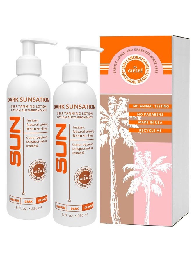 SUN LABORATORIES لوشن تان ذاتي داكن من دارك صنسيشن، 8 أونص (مجموعة من 2) - تان ذاتي - لوشن تان طبيعي بدون شمس، للجسم والوجه للتسمير والحصول على تان ذهبي - برونزر بدون شمس داكن جداً جل تان مزيف خالي من العيوب - Image 1