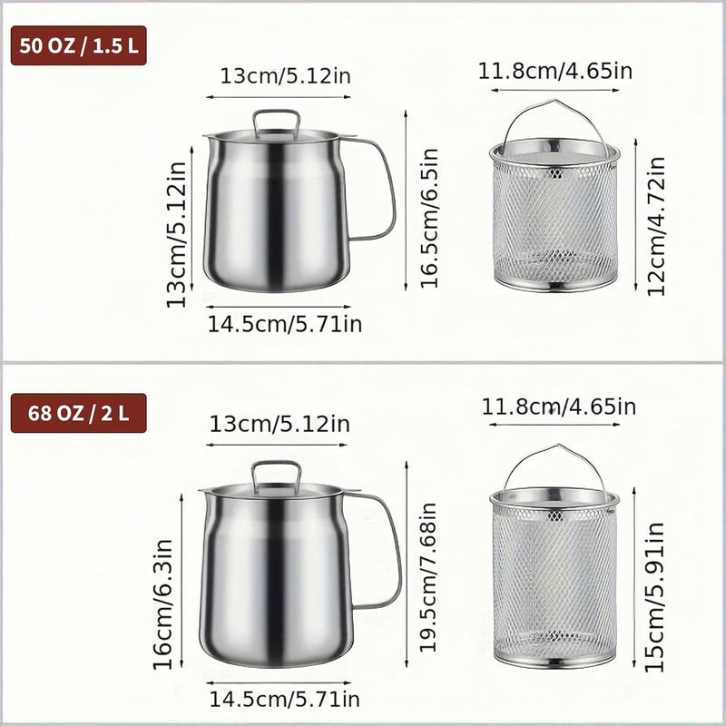 GADO 68oz 304 Stainless Steel Deep Fryer Pot with Basket & Strainer, Large Capacity Bacon Grease Container for Kitchen,Frying, Cooking, Camping,Oil Filter Container - Dishwasher Safe (68oz/2L/2.1Qt) - Image 4