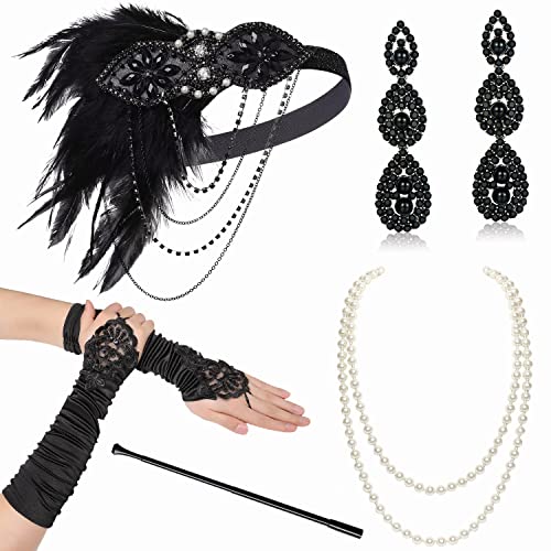 BABEYOND 1920s Flapper Accessories Gatsby Costume Accessories Set 20s Flapper Headband Pearl Necklace Gloves Plastic Holder - Image 1