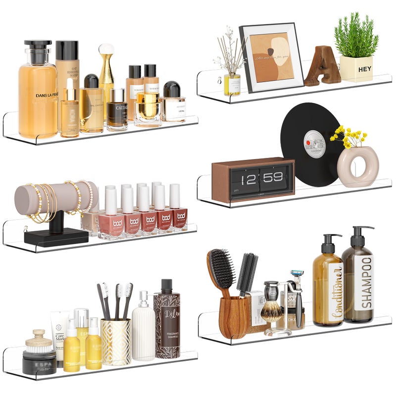 Qukaka Floating Shelves for Wall Decor, 15" Extra Clear Wall Shelves for Bedroom, Living Room, Kitchen, Bathroom Decor, Nail Polish/Book/Decoration/Makeup/Perfume Organizer Floating Shelf-6Pack - Image 1