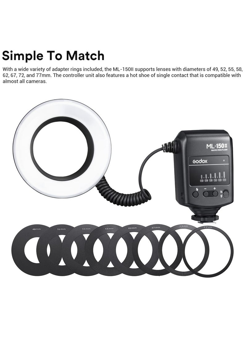 ML150II Macro Ring Flash on Camera Ring Flash Light, GN12 CCT 5800K±200K for Fuji, for Canon, for Nikon, for Sony, for Olympus Camera