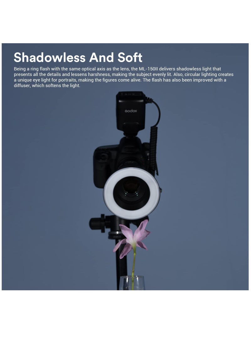 ML150II Macro Ring Flash on Camera Ring Flash Light, GN12 CCT 5800K±200K for Fuji, for Canon, for Nikon, for Sony, for Olympus Camera