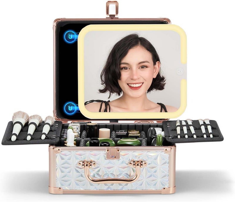 OMIRO Makeup Case, Makeup Bag with Light Up Mirror Set, Makeup Organizer Bag with Magnet Makeup Mirror for Women and Girls(Diamond Blue) - Image 1