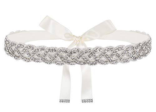 Lovful Handmade Bridal Belt, Rhinestone Wedding Dress Belts, Ribbon Crystal Sash for Women, Ivory - Image 1