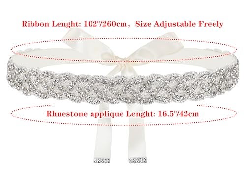 Lovful Handmade Bridal Belt, Rhinestone Wedding Dress Belts, Ribbon Crystal Sash for Women, Ivory - Image 5