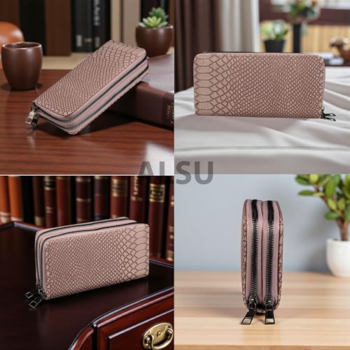 ALSU Women’s Luxury Vegan Leather Zip-Around Wallet | 6 Card Slots, Dual Zipper Compartments, Phone & Currency Holder | Designer Snake-Texture Purse for Women | Elegant Gift for Ladies (Peach) - Image 3