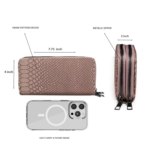 ALSU Women’s Luxury Vegan Leather Zip-Around Wallet | 6 Card Slots, Dual Zipper Compartments, Phone & Currency Holder | Designer Snake-Texture Purse for Women | Elegant Gift for Ladies (Peach) - Image 4