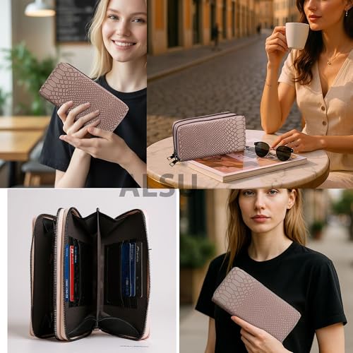 ALSU Women’s Luxury Vegan Leather Zip-Around Wallet | 6 Card Slots, Dual Zipper Compartments, Phone & Currency Holder | Designer Snake-Texture Purse for Women | Elegant Gift for Ladies (Peach) - Image 2