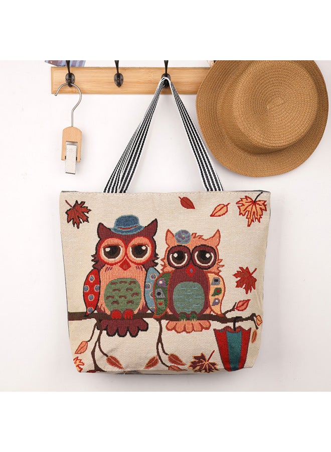 Cartoon Fashion Women's Shoulder Bag Ethnic Style Mummy Portable Embroidered Cloth Bag Large Capacity Shopping Bag-Color:8977 Flower Sea Elephant-Size:45x39x10  - Image 3