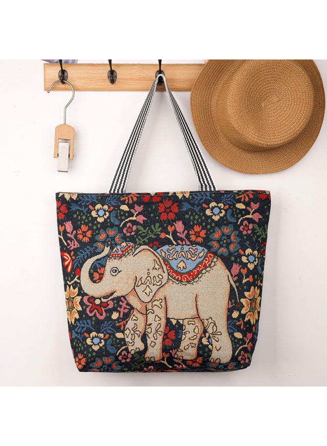 Cartoon Fashion Women's Shoulder Bag Ethnic Style Mummy Portable Embroidered Cloth Bag Large Capacity Shopping Bag-Color:8977 Flower Sea Elephant-Size:45x39x10  - Image 1