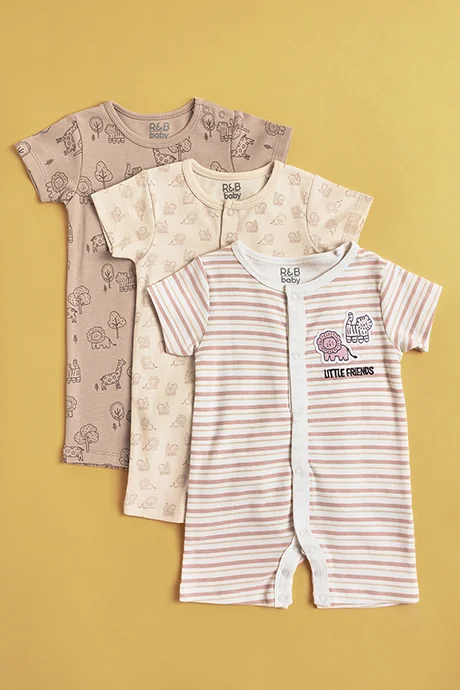 أر أند بي 3 Pack Printed Rompers with Short Sleeves