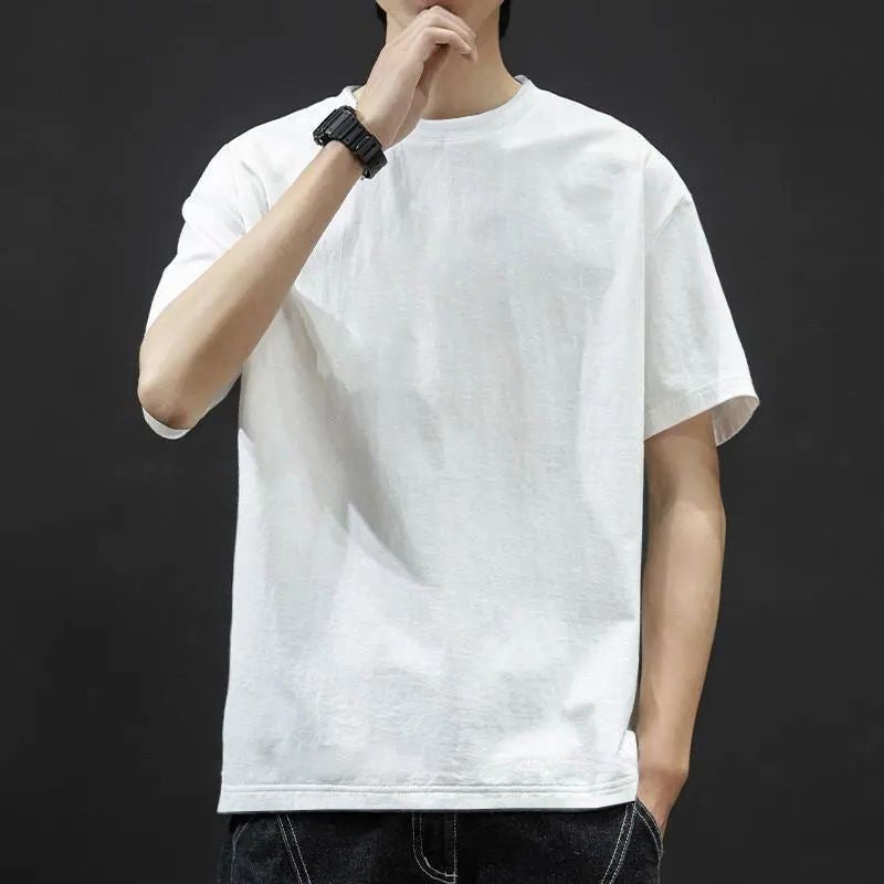 2024 Korean Style Summer Casual Mens Short Sleeve T-Shirt Round Neck Slim Fit Trendy Loose Fit Half Sleeve Top For Men Pure White 
