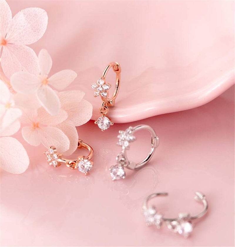 Dtja CZ Dangle Drop Huggie Hoop Earrings for Women 925 Sterling Silver Charms Tiny Rhinestone Daisy Flower Hinged Small Cartilage Stud Tragus Dainty Fashion Jewelry Hypoallergenic (Silver) - Image 4