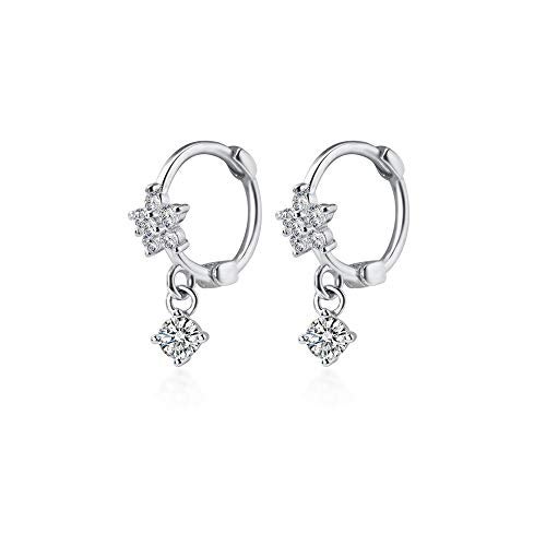 Dtja CZ Dangle Drop Huggie Hoop Earrings for Women 925 Sterling Silver Charms Tiny Rhinestone Daisy Flower Hinged Small Cartilage Stud Tragus Dainty Fashion Jewelry Hypoallergenic (Silver) - Image 1