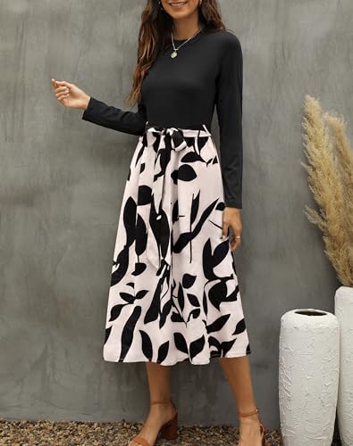 Zattcas 2026 Long Sleeve Spring Fall Dresses for Women Ribbed Teacher Church Modest Business Casual Work Outfits Midi Dress Blackapricot XL - Image 4