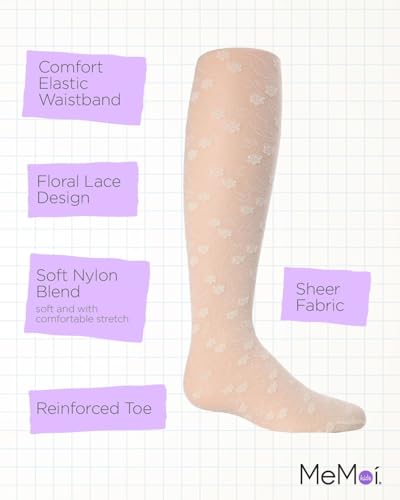 MeMoi Sweet Blossoms Sheer Tights for Girls, Ultra Soft and Lightweight Floral Lace Girls Tights - Sizes 2-14, Ivory, 2-4 - Image 3