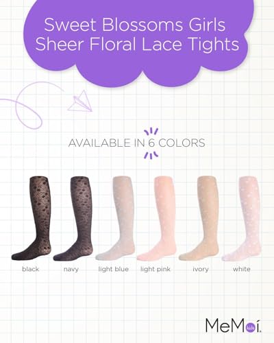 MeMoi Sweet Blossoms Sheer Tights for Girls, Ultra Soft and Lightweight Floral Lace Girls Tights - Sizes 2-14, Ivory, 2-4 - Image 2